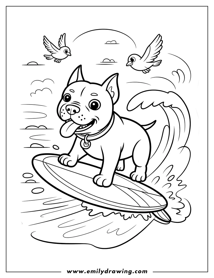 Outline of a Pitbull surfing a wave with two birds flying overhead.
