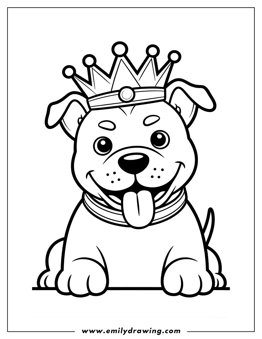 Outline of a Pitbull wearing a crown, sitting and looking forward with its tongue out.