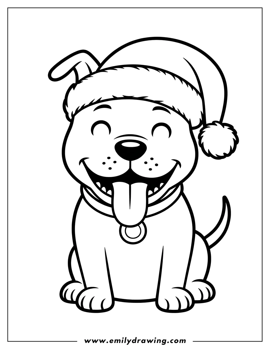 Line art of a Pitbull puppy wearing a Santa hat and a collar with a dog tag, its tongue happily sticking out.
