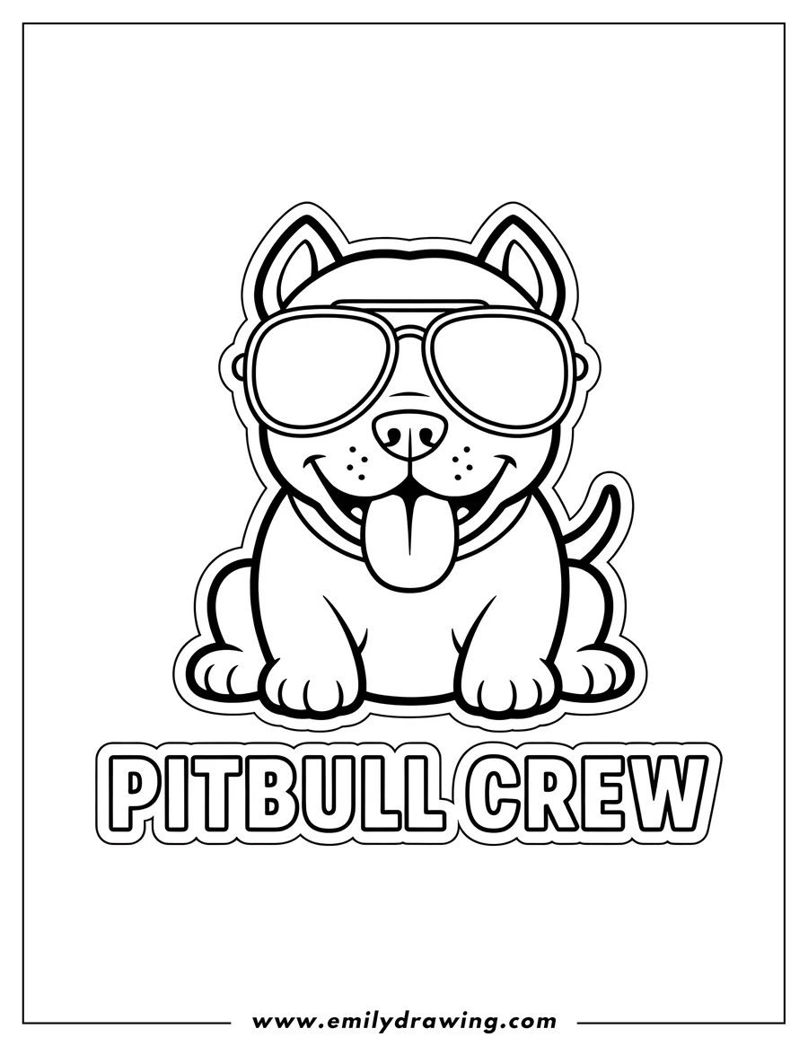 Outline of a pitbull wearing sunglasses, tongue sticking out, with 'Pitbull Crew' written below.