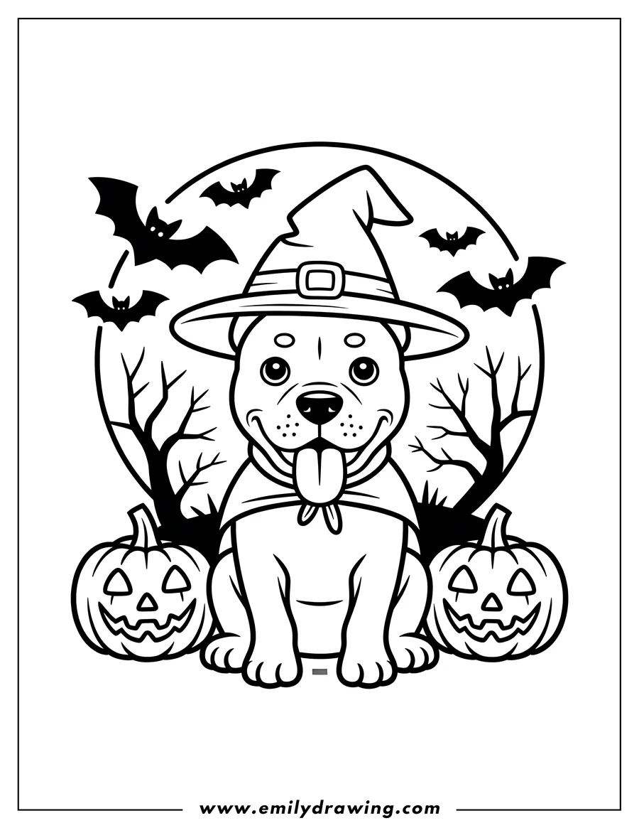 Line art of a Pitbull dog wearing a witch hat and cape, sitting between two carved pumpkins, with bats and a spooky tree in the background.