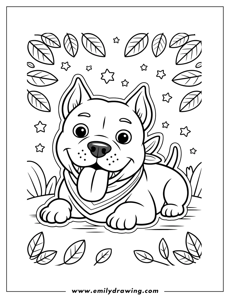 Line art of a happy pitbull puppy wearing a bandana and panting happily.