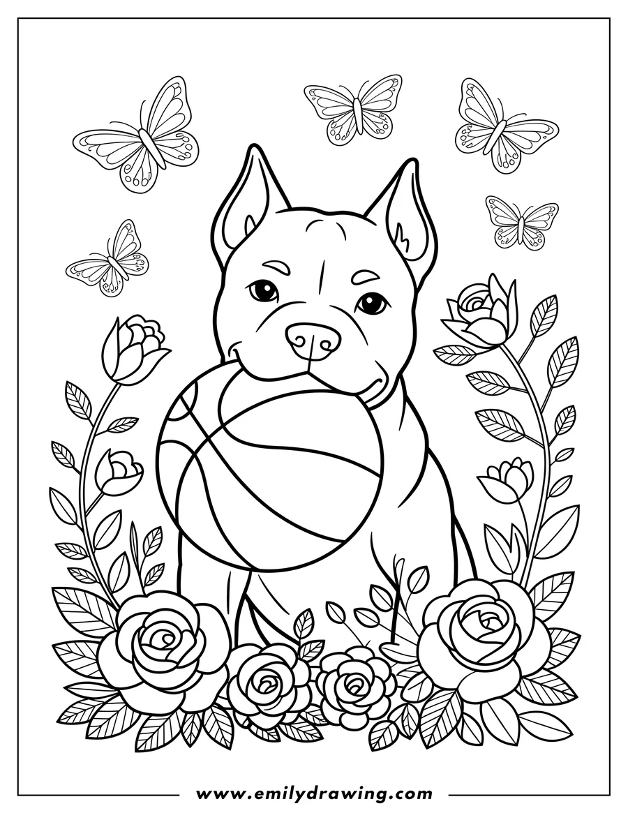 Outline of a pitbull holding a basketball, surrounded by flowers and butterflies.