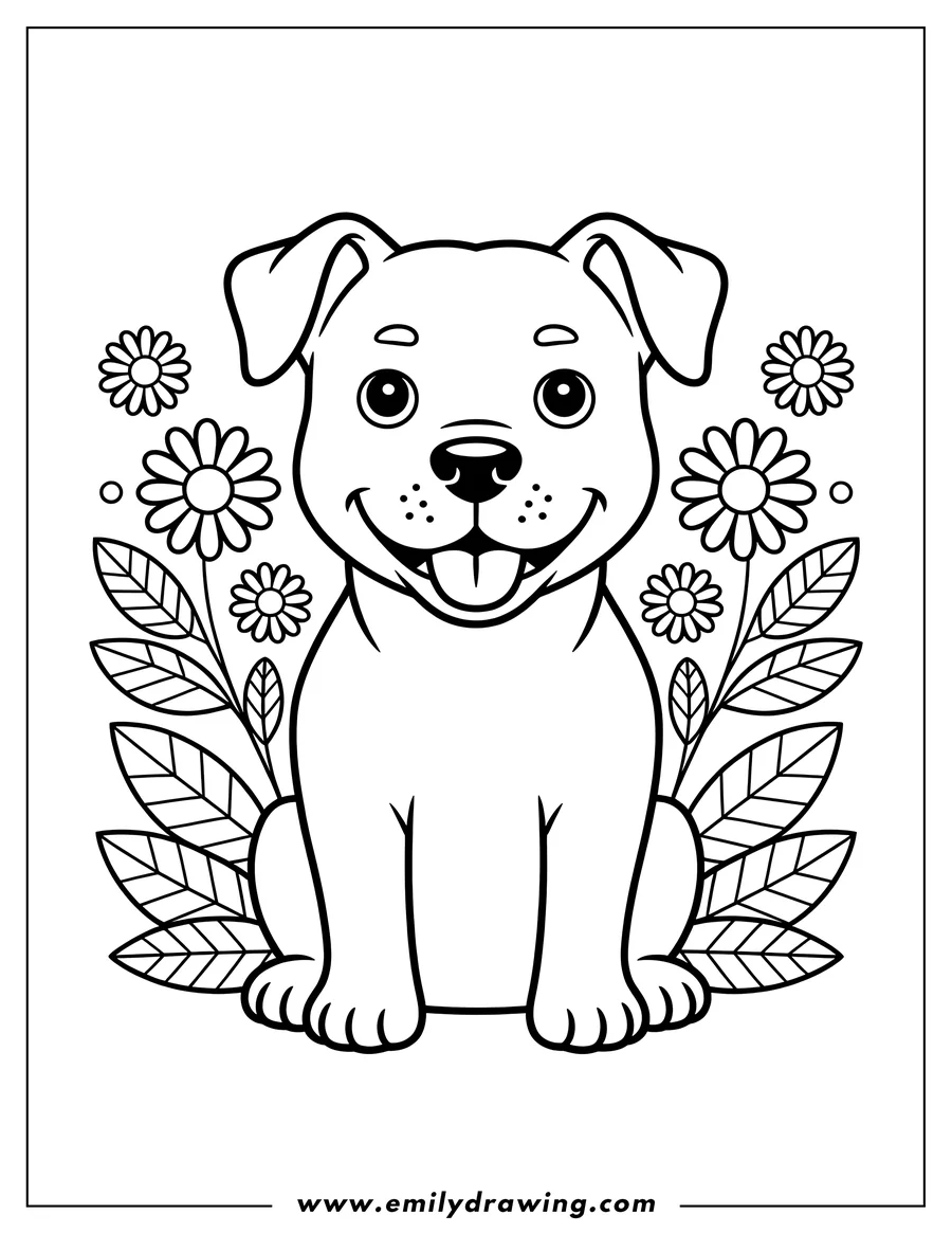 Outline of a happy pitbull puppy sitting with its tongue out, surrounded by daisies and leaves.