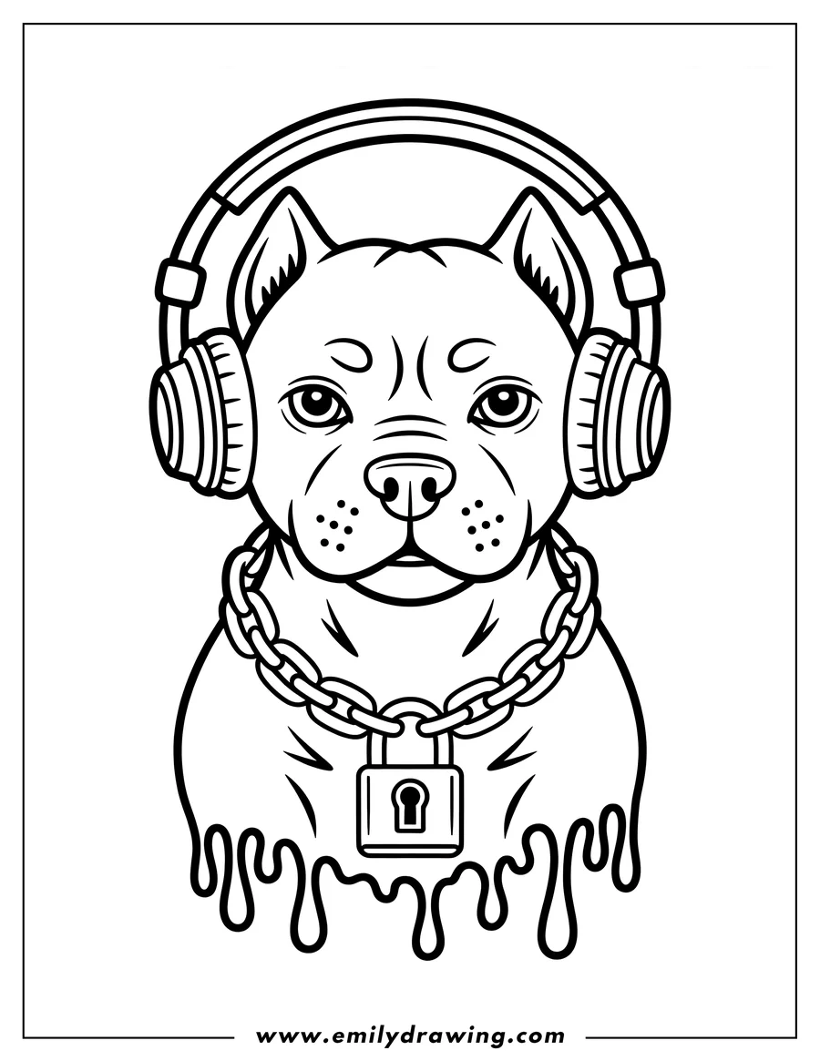 Line art of a pitbull wearing headphones and a chain with a lock.