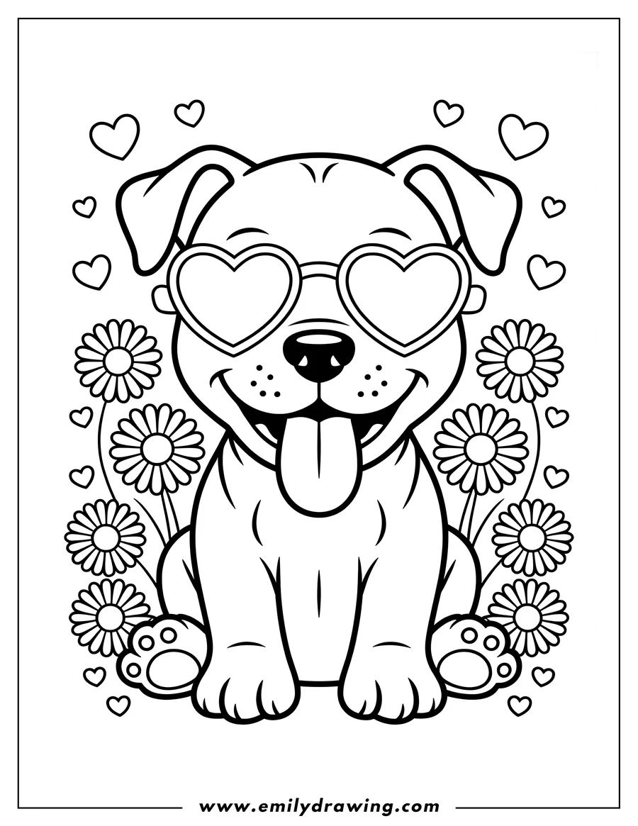 Outline of a pitbull puppy wearing heart-shaped glasses, sitting happily among daisies and small hearts.