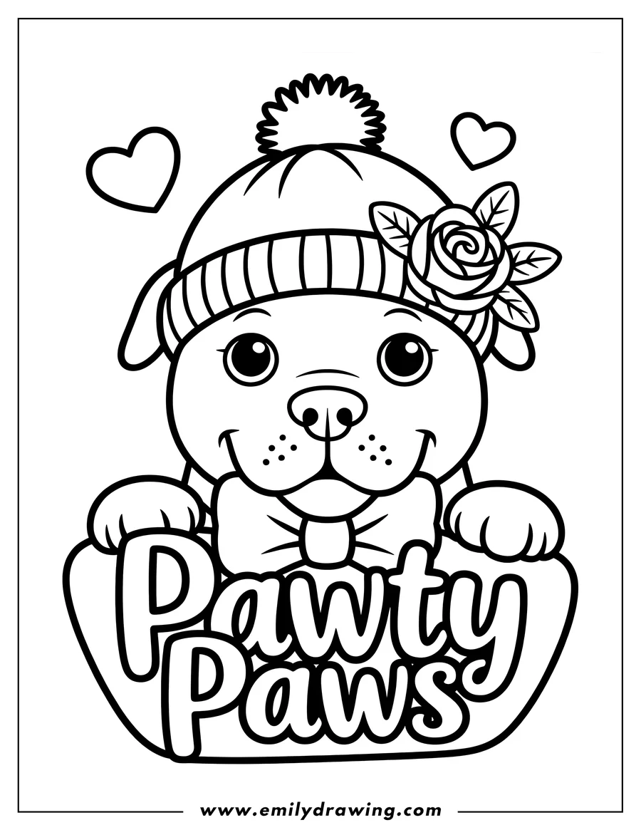 Line art of a pitbull puppy wearing a winter hat with a pom-pom, a bow tie, and a rose tucked behind its ear. The puppy is holding a sign that reads 'Pawty Paws'.
