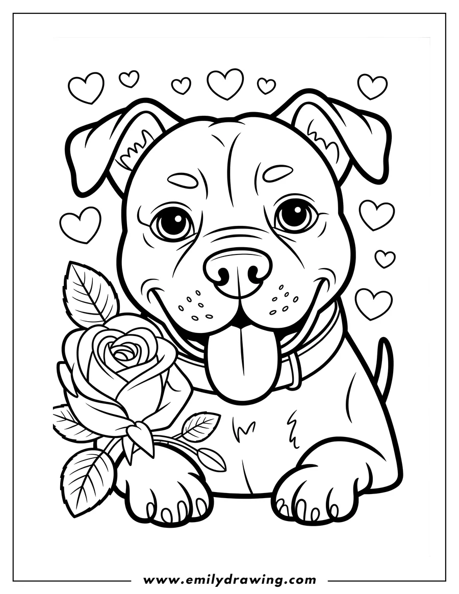 Outline of a pitbull puppy holding a rose, surrounded by hearts.