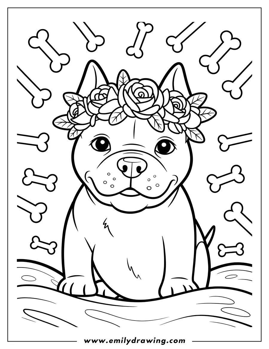 Line art of a Pitbull puppy wearing a crown of roses, surrounded by dog bones. Perfect for a coloring activity.