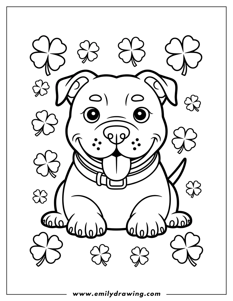 Outline of a pitbull puppy sitting with its tongue out surrounded by shamrocks.