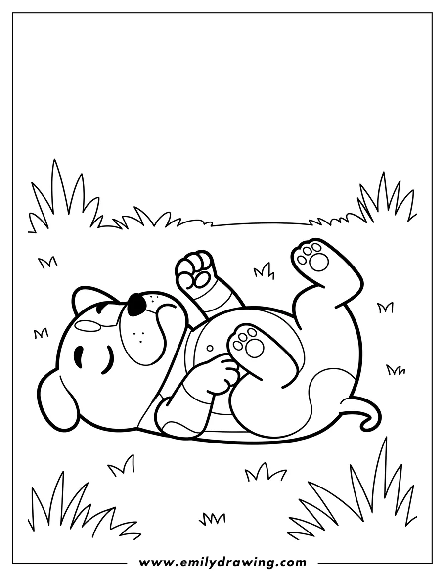 Outline of a playful puppy rolling around in the grass.