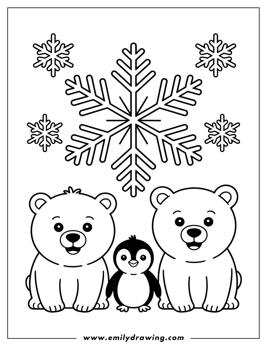 Two polar bear cubs sit on either side of a small penguin chick, with a large snowflake and smaller snowflakes in the background.