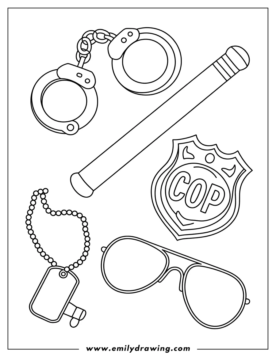 Line art of police accessories including handcuffs, a baton, a badge, aviator sunglasses, an identification tag, and a key.
