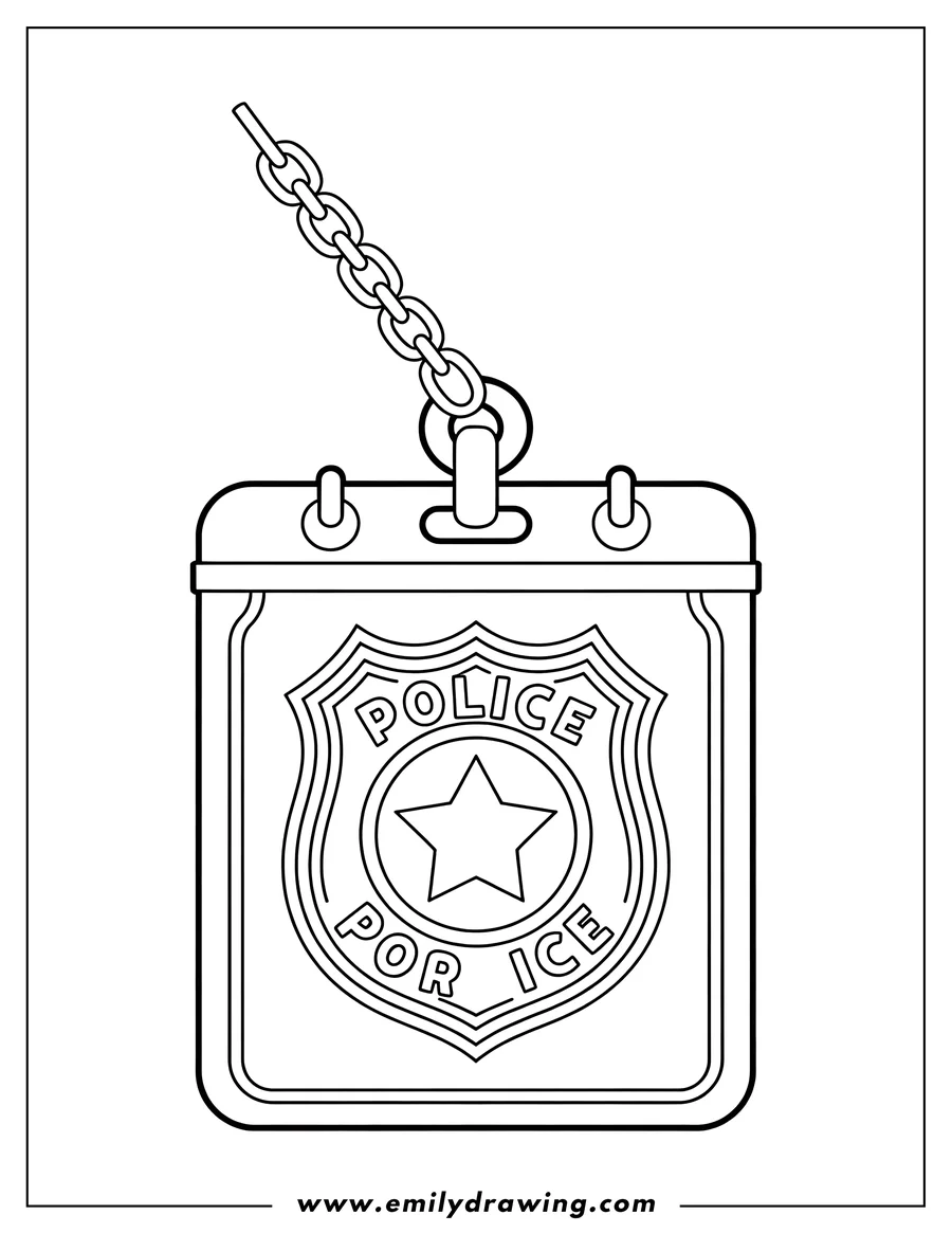Line art of a police badge hanging from a chain.