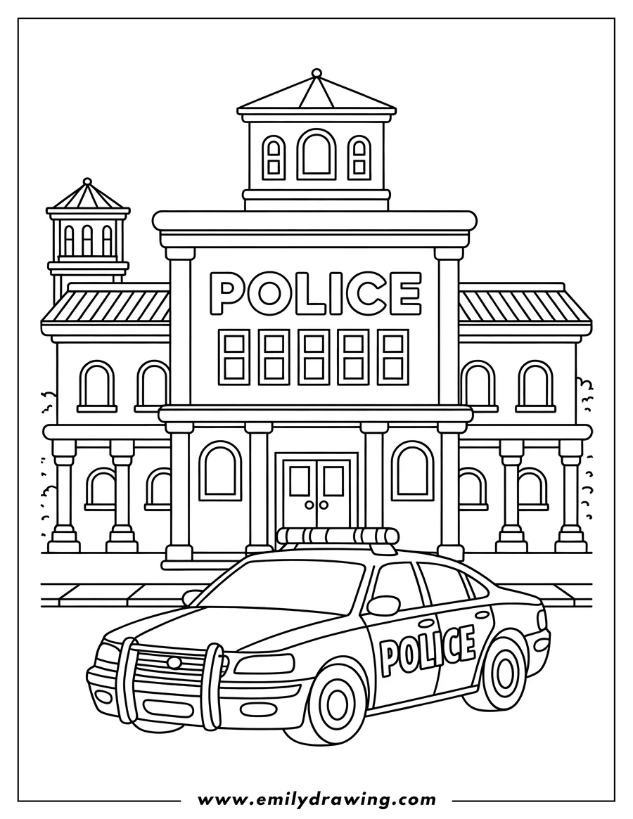 Line drawing of a police car parked in front of a police station. The car has push bars and 'POLICE' written on the side. The station is a large building with 'POLICE' on the front.