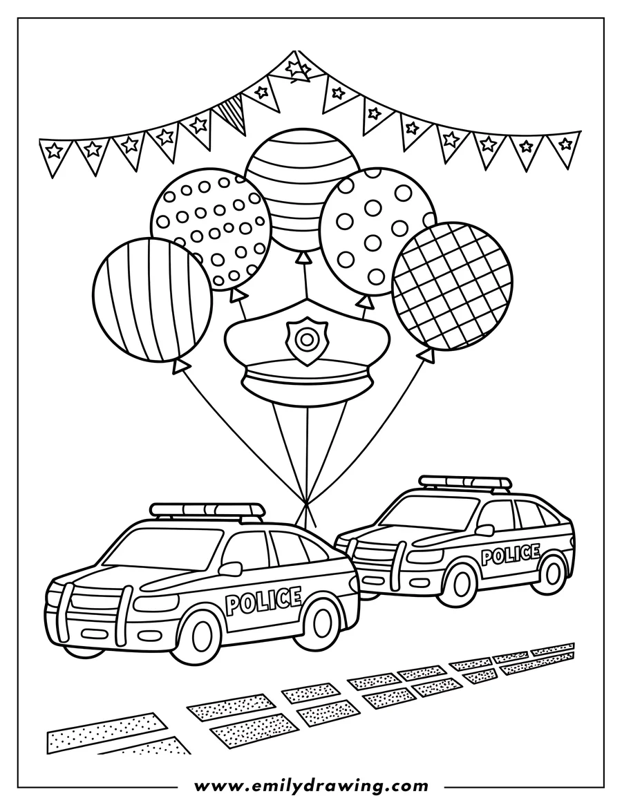 Outline of two police cars with a police hat and balloons hanging above them. A dotted crosswalk is visible beneath the cars.
