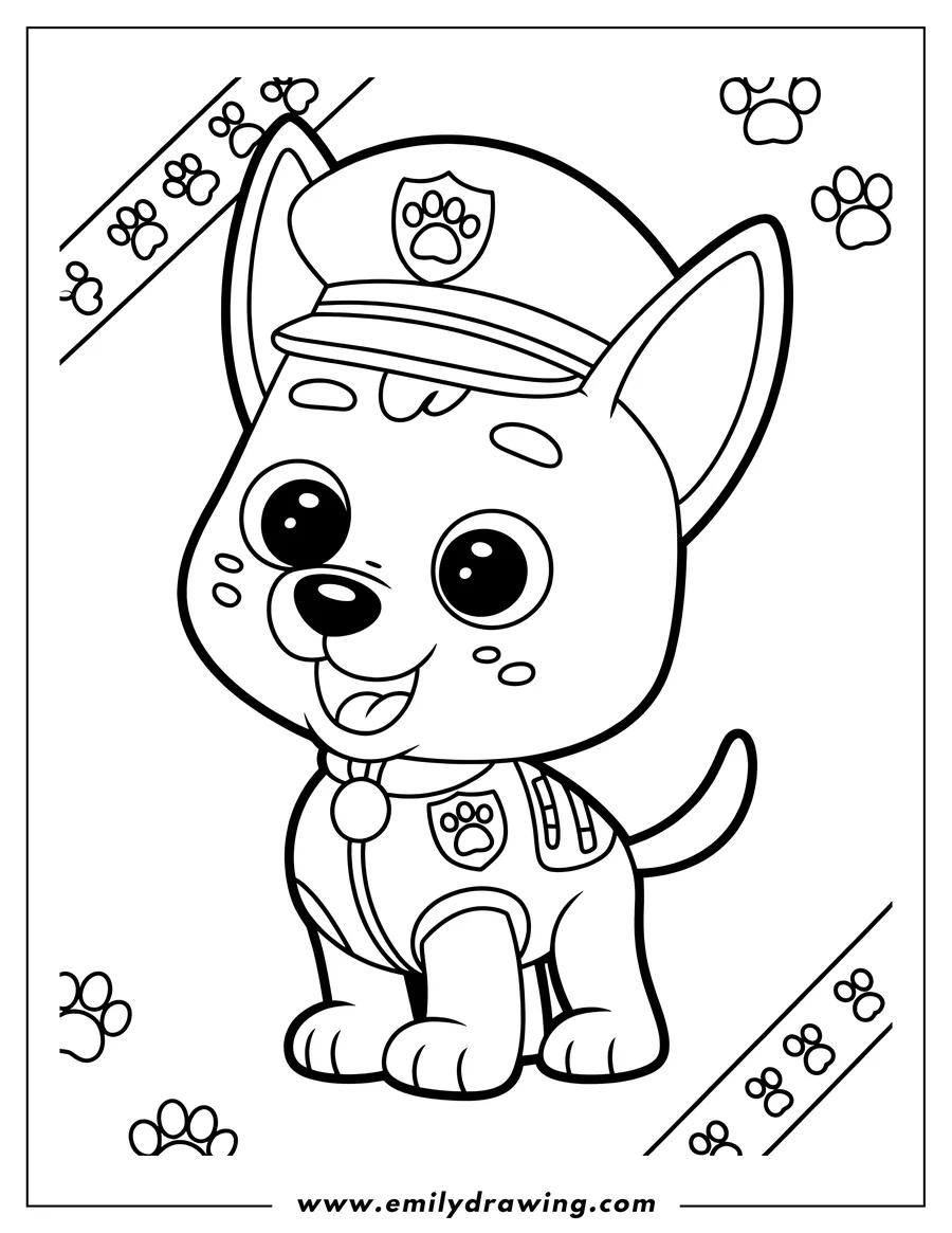 Outline of a cheerful police dog wearing a police cap and uniform.
