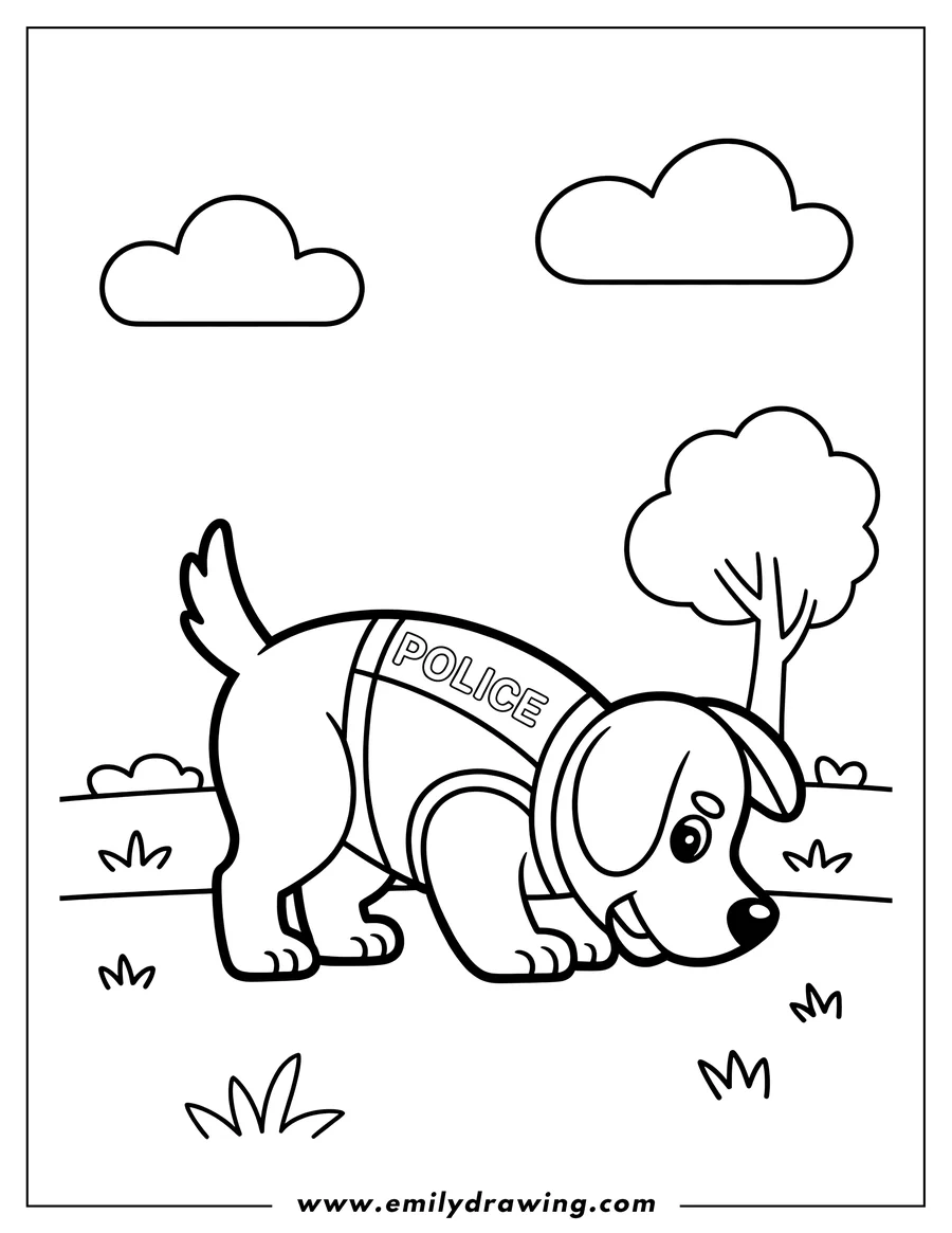 Line art of a police dog on patrol, wearing a vest and sniffing the ground.