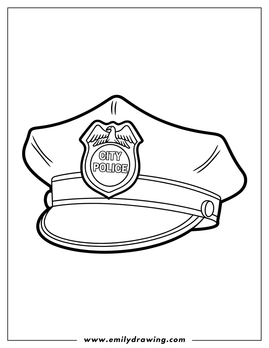 Line art of a police hat with a badge featuring a star.