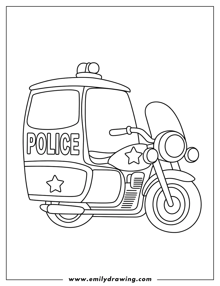 Outline of a police motorcycle with flashing lights and stars.