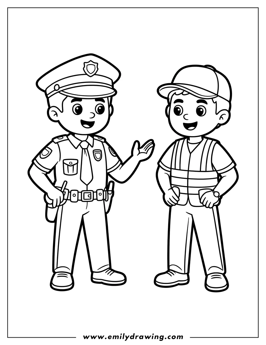 Line art of a police officer talking to a boy wearing a vest. The officer is gesturing with his hand.