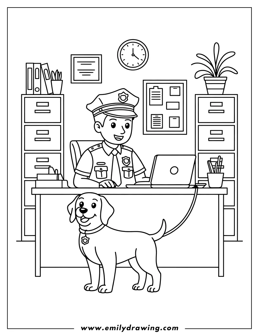 Line art of a police officer working at a desk with his police dog sitting patiently beside him.