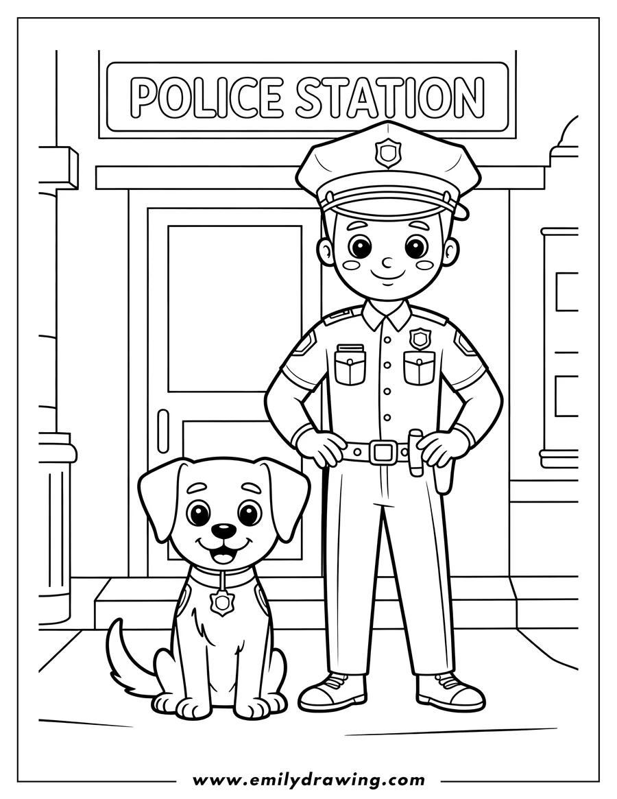 Line art of a police officer standing with a police dog sitting in front of a police station.