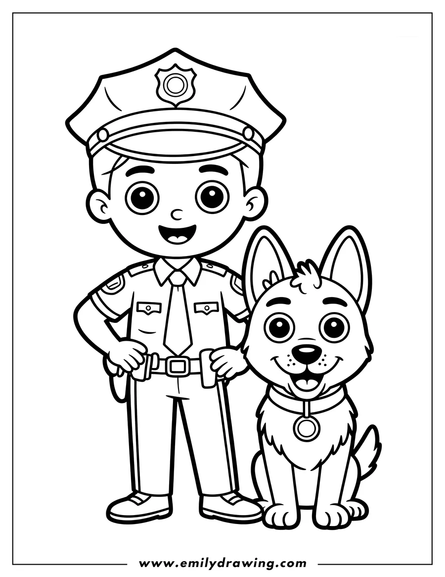 Line art of a police officer kneeling down and petting a dog.