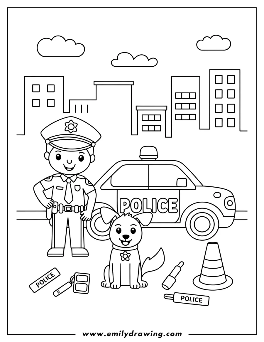 Line art of a police officer with their police dog next to a police car.  A badge, keys, whistle, and traffic cone are also shown.