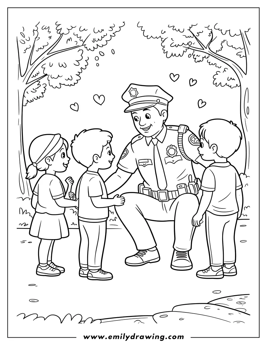 Line art of a police officer talking with two children in a park setting. Floating hearts suggest a positive, friendly interaction.
