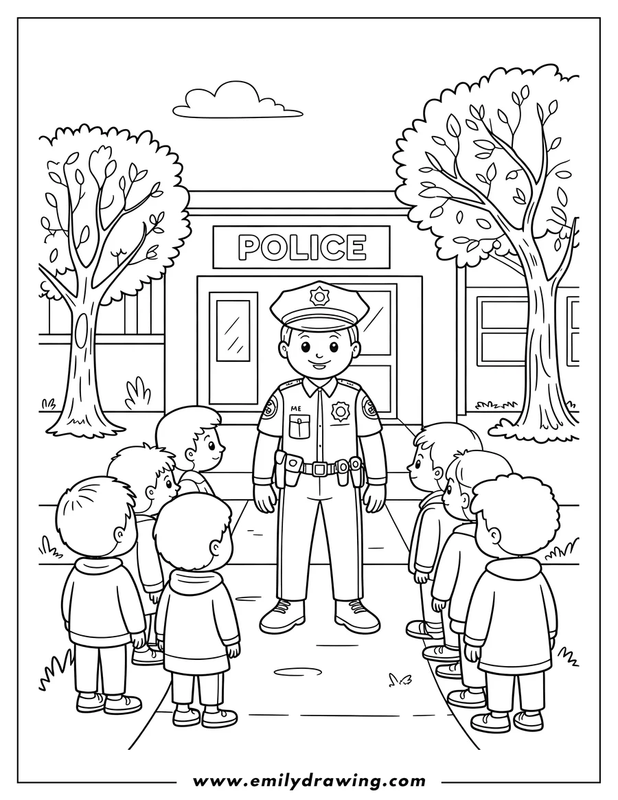 Line art of a police officer standing in front of a police station with a group of children. They appear to be interacting, perhaps learning about safety.