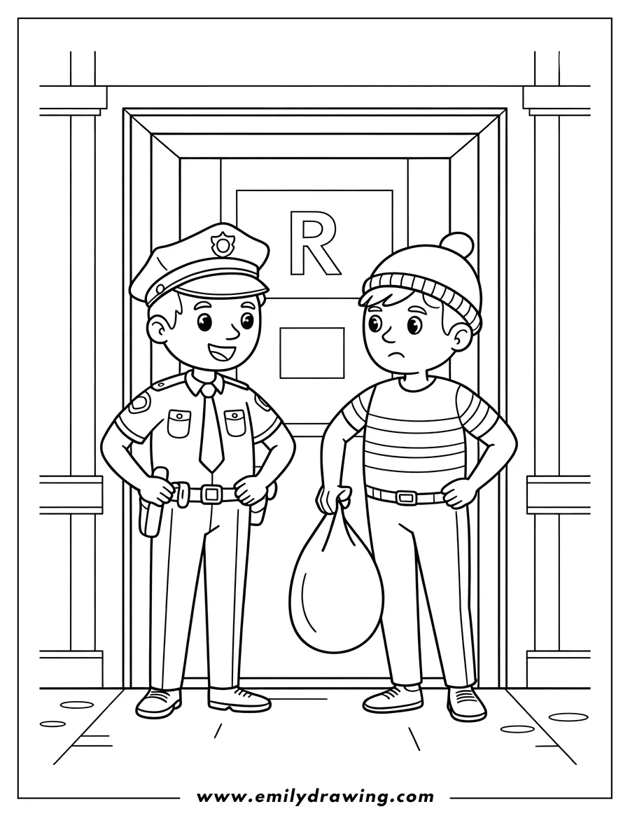 Line art of a police officer standing next to a robber holding a bag.
