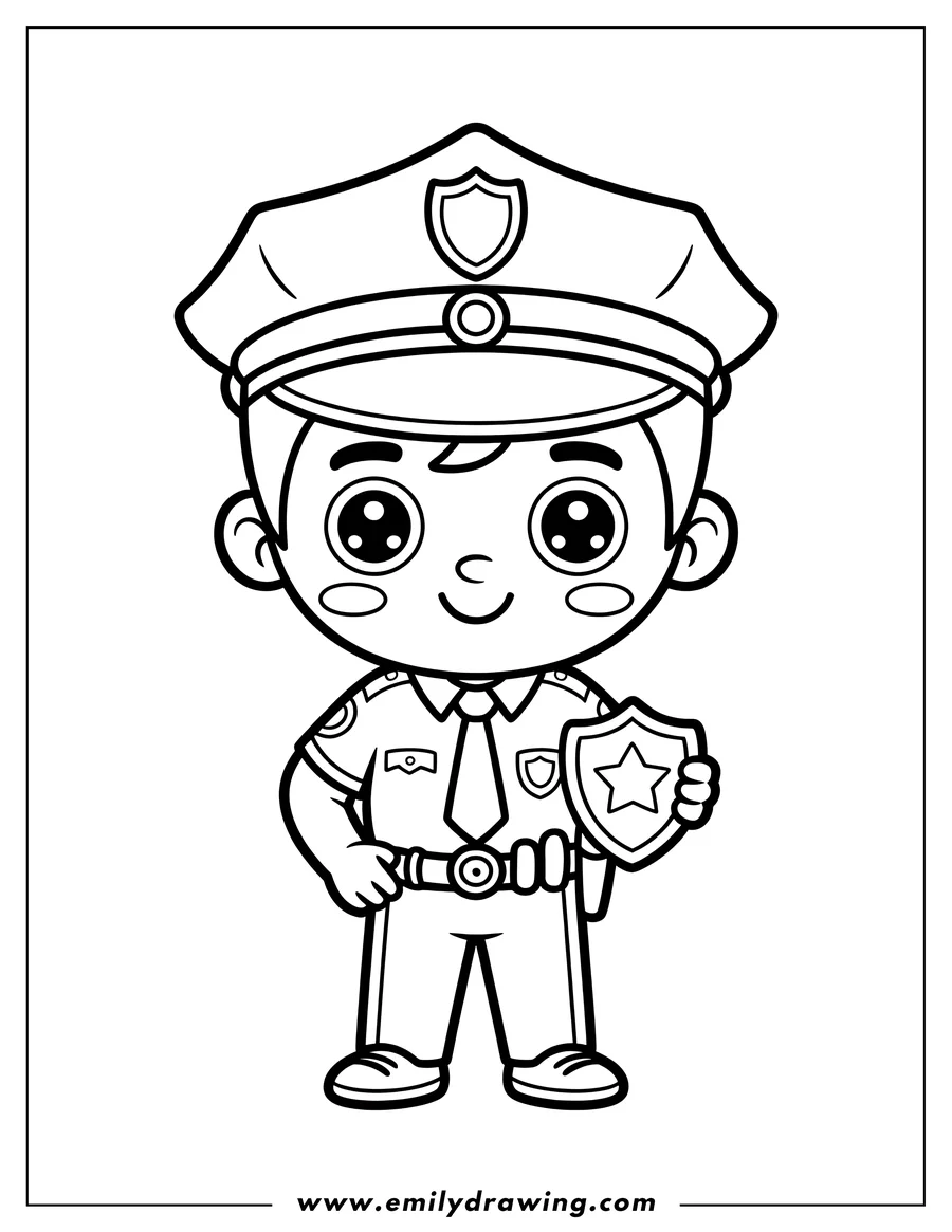 Line art of a friendly police officer holding a star badge.
