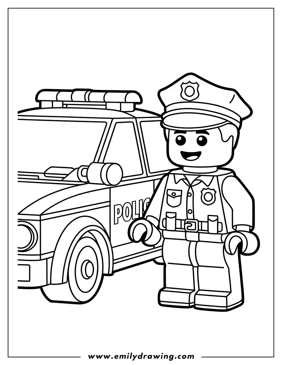 Line art of a smiling police officer standing next to their police car.