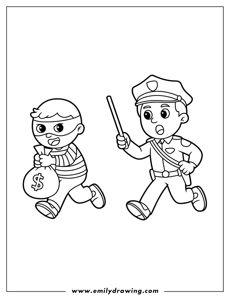 Line art of a police officer chasing a robber. The robber is carrying a bag of money.