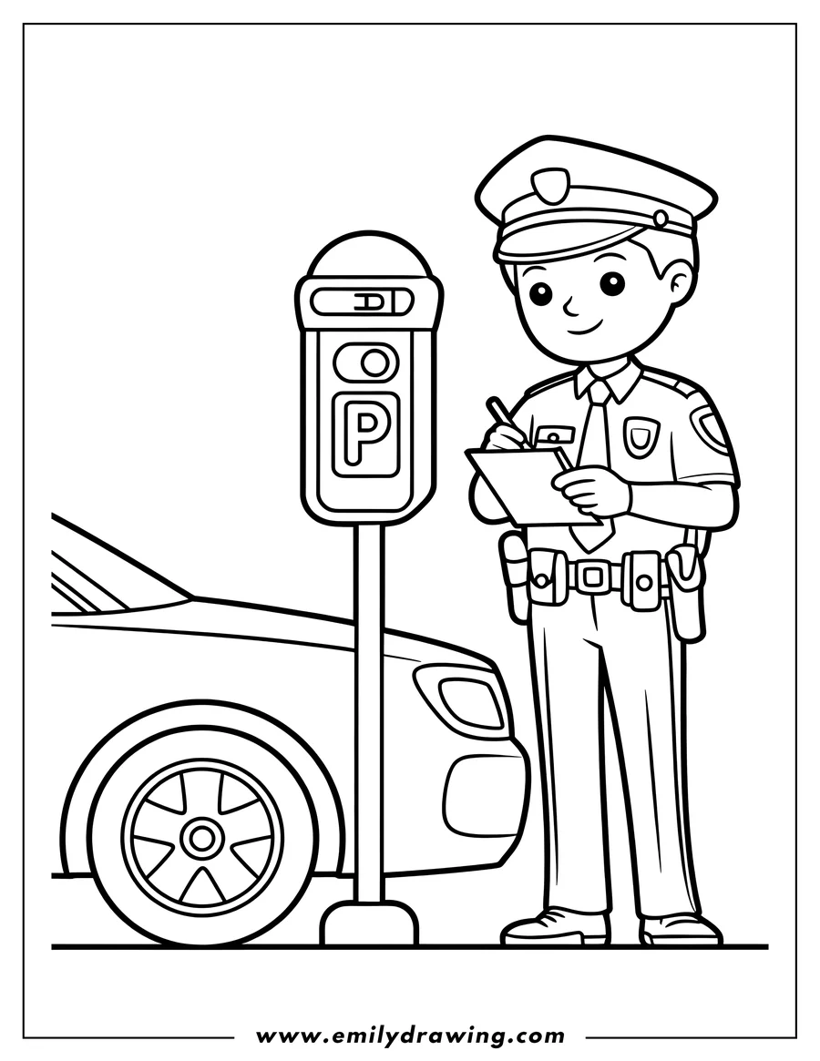 Line art of a police officer writing on a notepad next to a parking meter and a car.