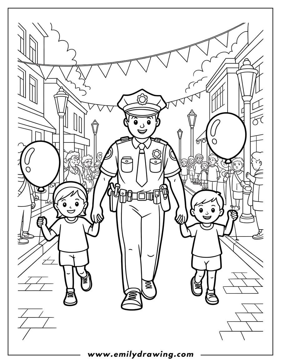 Line art of a police officer holding hands with two children at a parade. The children are holding balloons, and there are festive decorations and a crowd of people in the background.