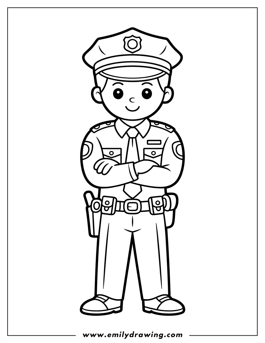 Line art of a friendly police officer in uniform with arms crossed.