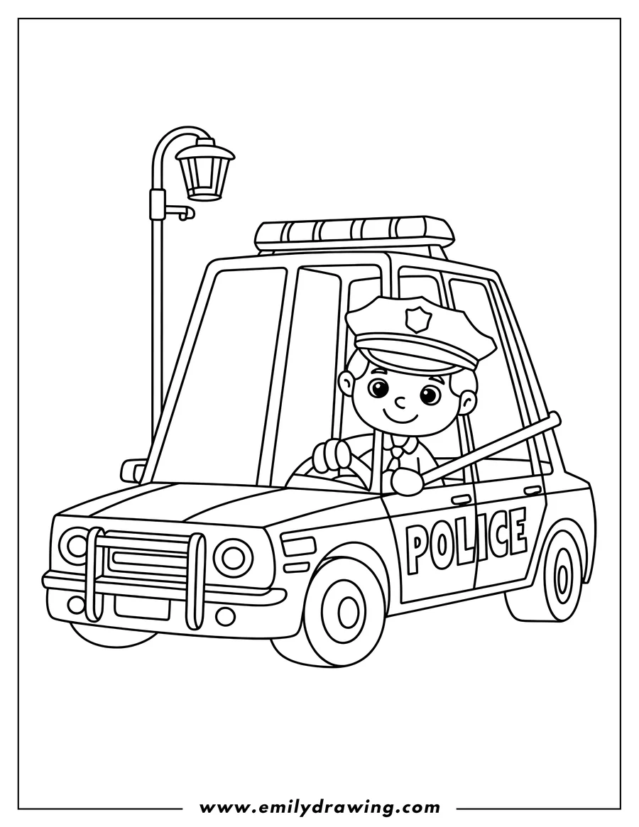 Line art of a police officer driving a police car. There is a street light in the background.