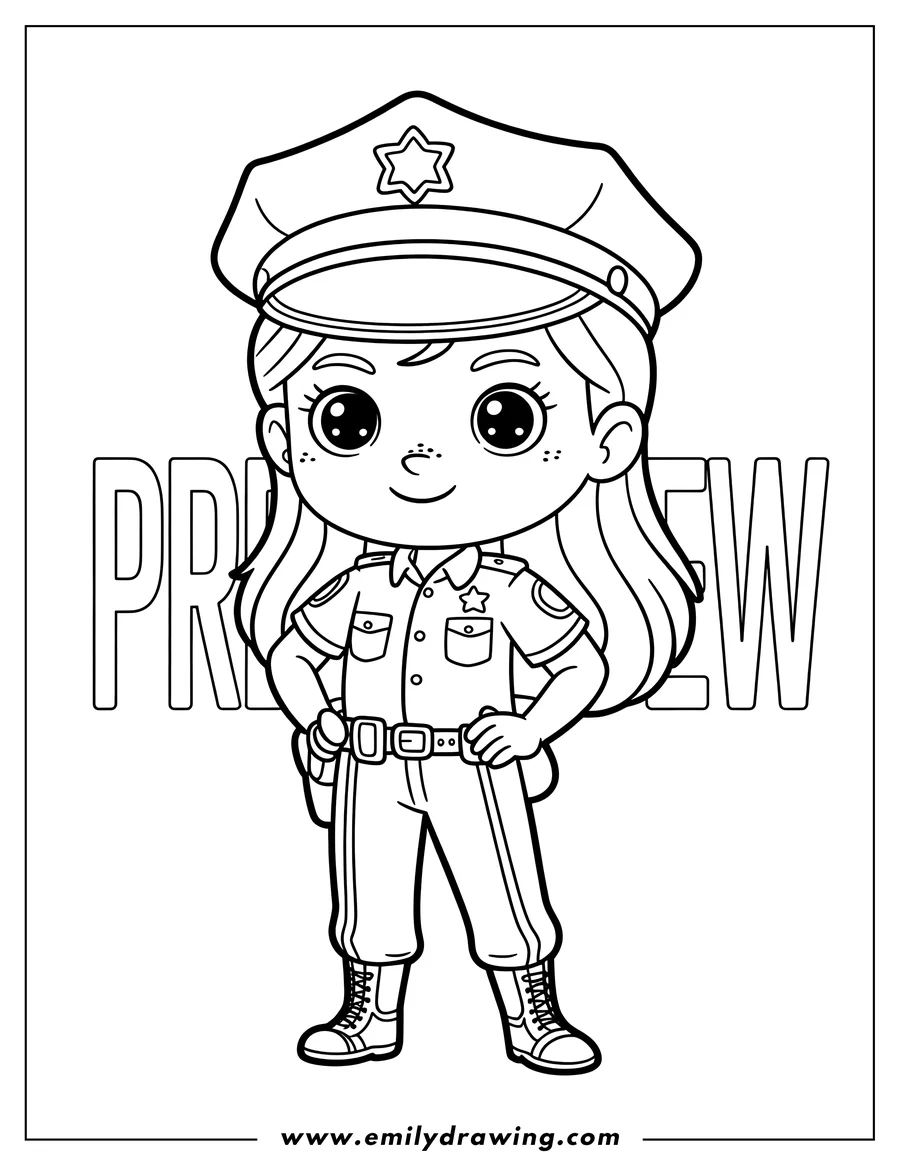 Line art of a girl dressed as a police officer, wearing a uniform, boots and hat with a badge.