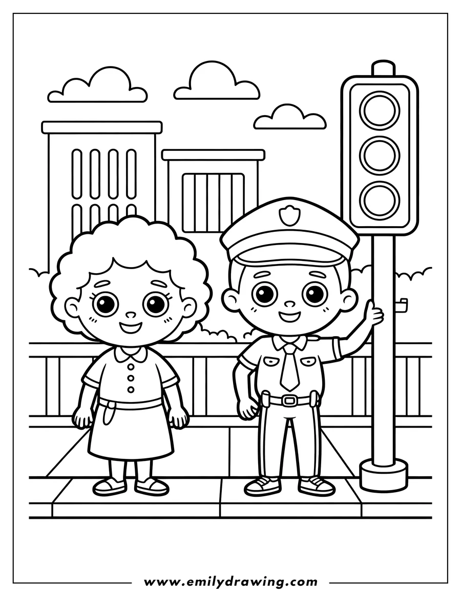 Line art of a police officer and a girl standing by a traffic light on a city street.