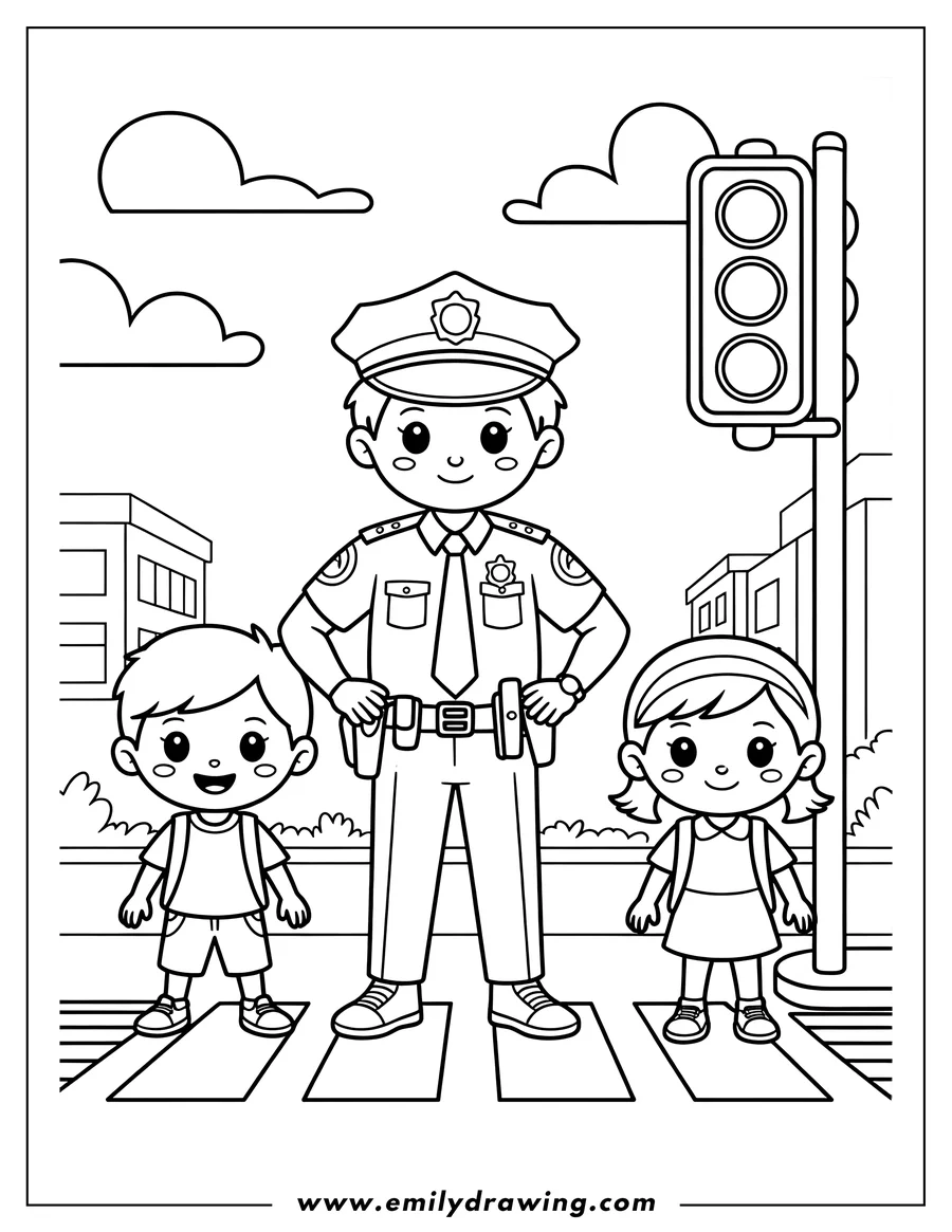 Line art of a police officer helping two children cross the street at a crosswalk.  A traffic light is visible in the background.