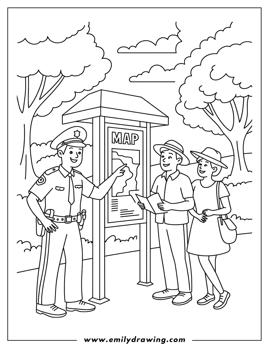 Line art of a police officer pointing at a park map, assisting two tourists.