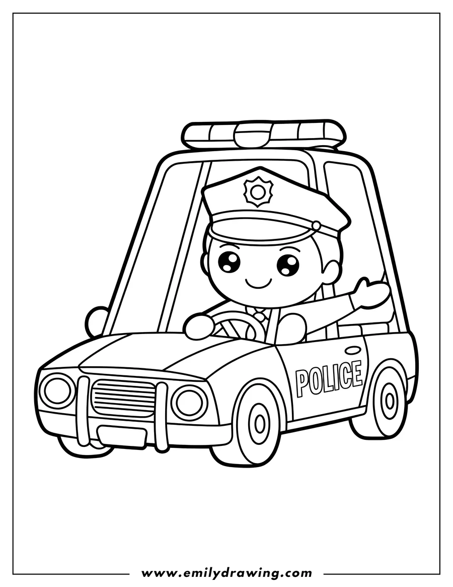 Line art of a police officer driving in a police car. They are waving from the driver's seat.