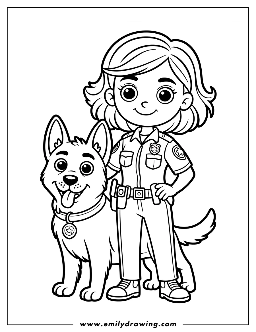 Outline of a smiling police officer standing with her K9 dog partner. The dog has its tongue out and a star-shaped badge on its collar.
