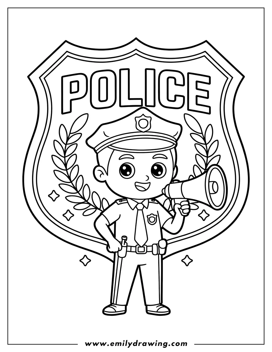 Line art of a police officer holding a megaphone, ready to make an announcement. They stand in front of a police badge.