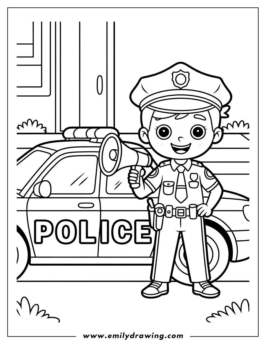 Line art of a police officer holding a megaphone, standing next to a police car.
