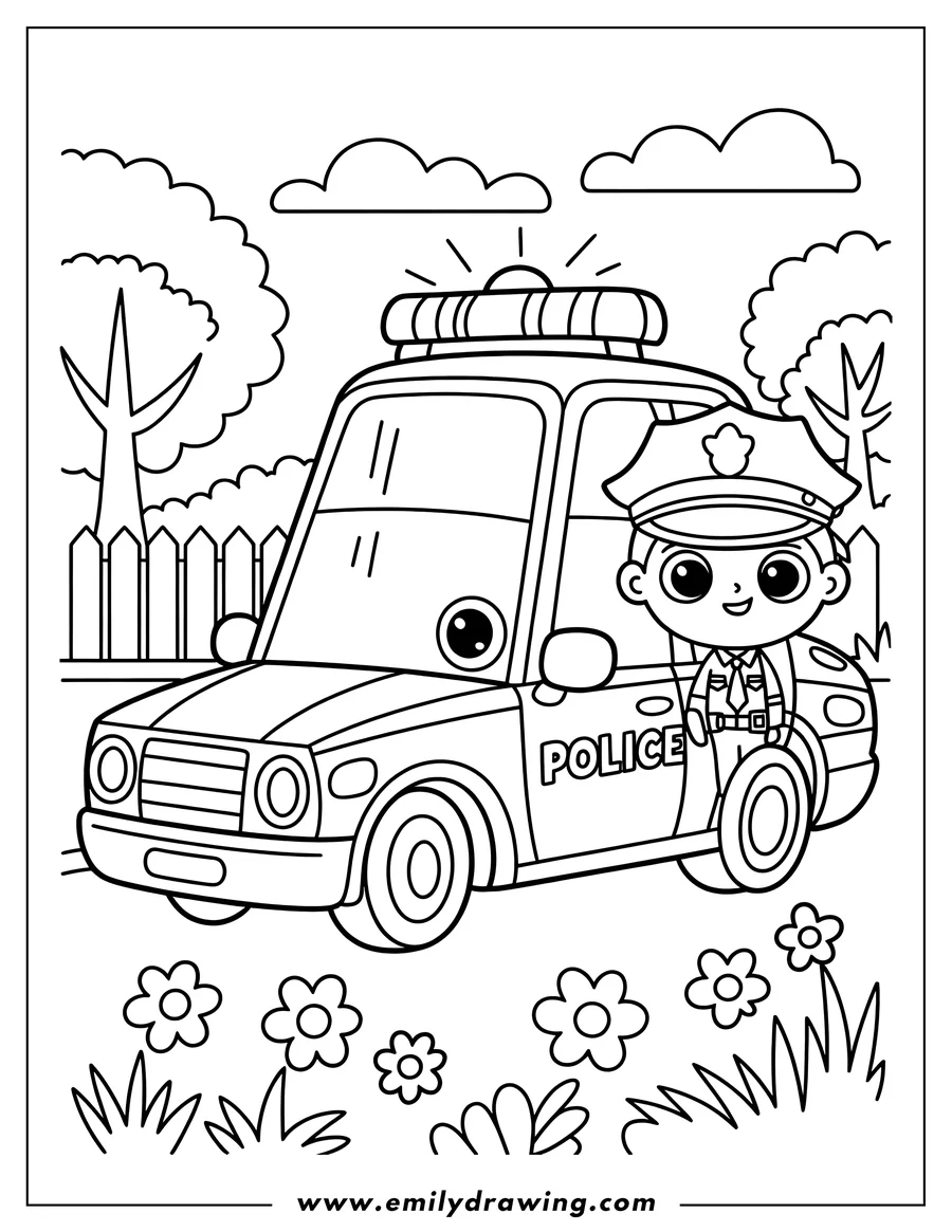 Outline of a smiling police officer standing next to their police car in a cheerful neighborhood setting. The car has a siren on the roof.