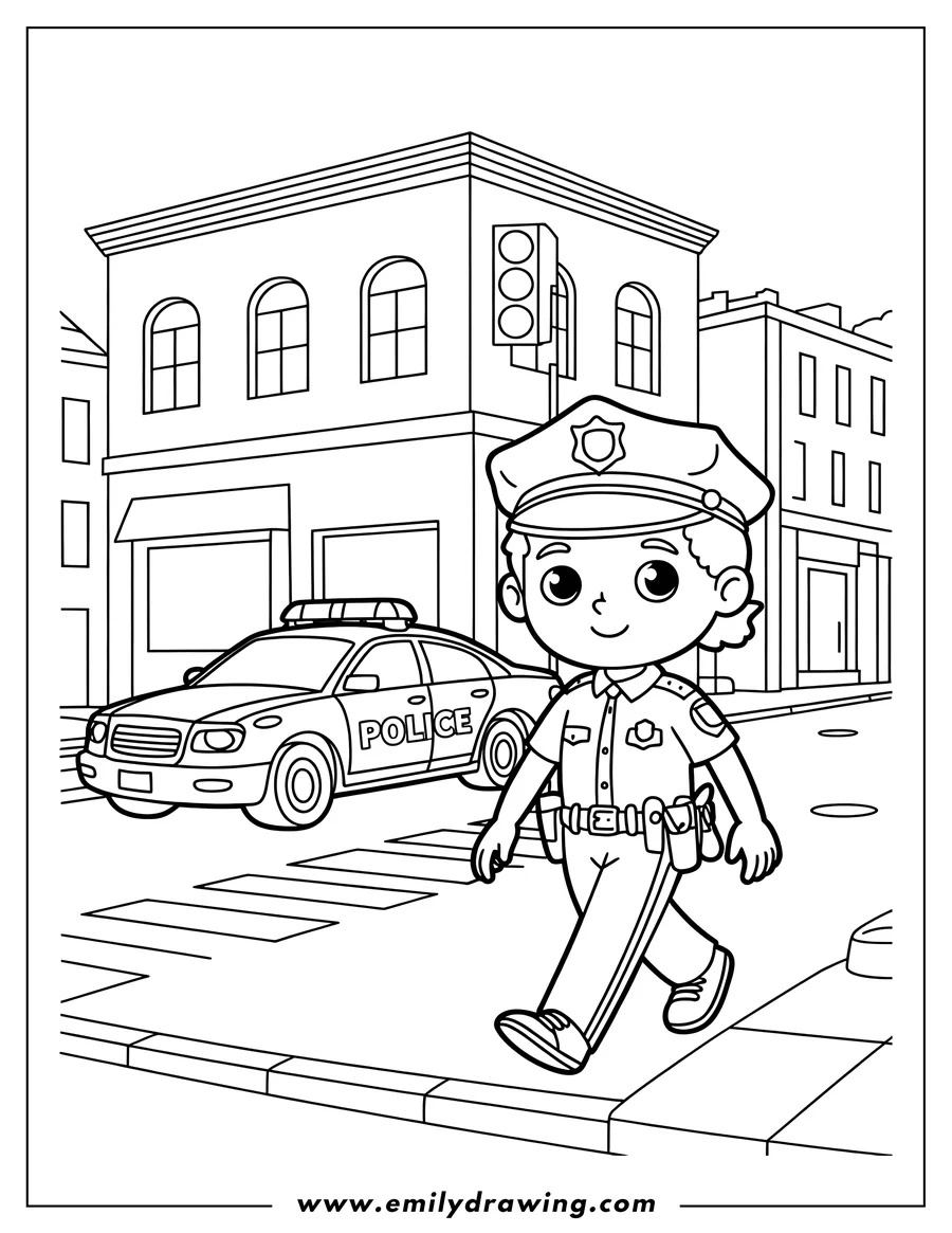 Line art of a police officer walking on the street near a police car and buildings.