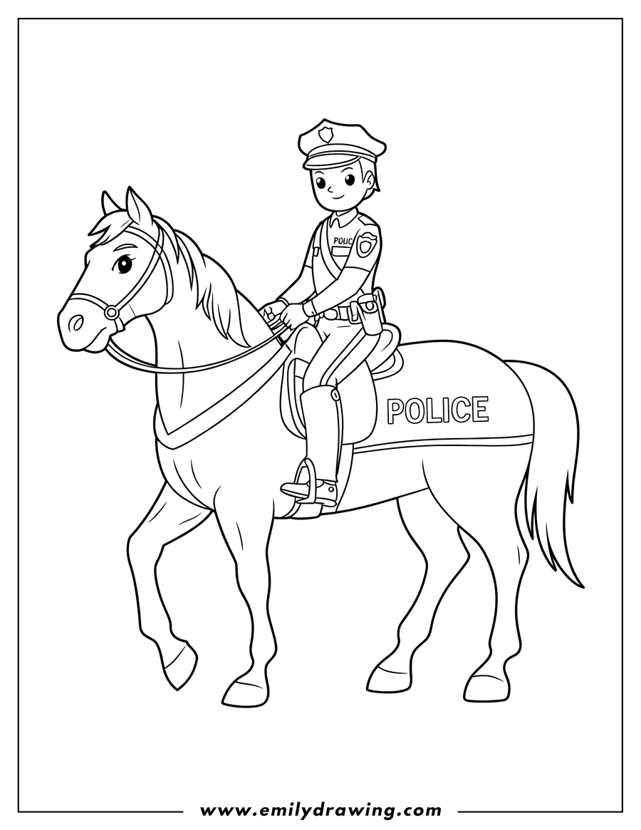 Outline of a police officer riding a police horse. The officer is wearing a police uniform and hat, and the horse has a saddle and 